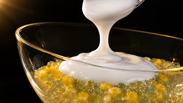 Coconut Cream Pouring Over Thai Sago and Corn Tako Dessert in Glass Bowl