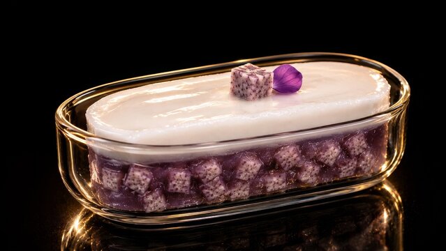 Futuristic Glass Presentation of Thai Taro Tako Dessert with Coconut Cream and Taro Cubes