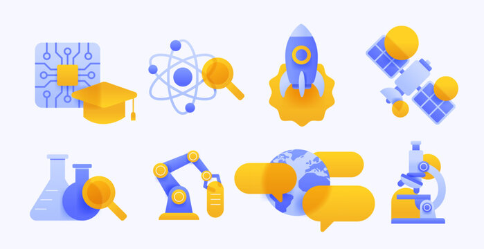 Science and high technology icon set with rocket, atom, satellite, microchip, robotic arm, and microscope. Research vector symbol collection