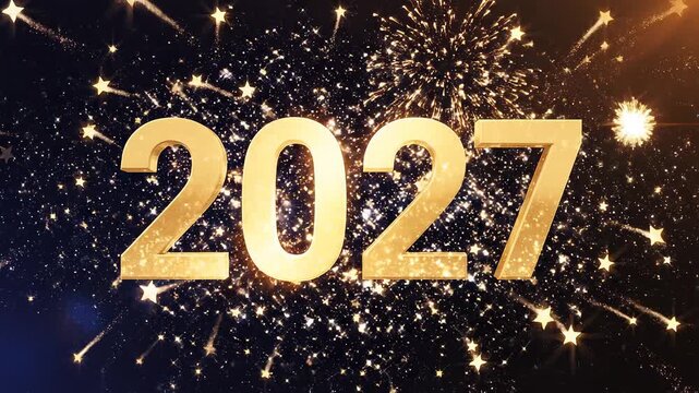 Golden 2027 numerals animate with sparkling fireworks against a dark celebratory background during New Year's Eve