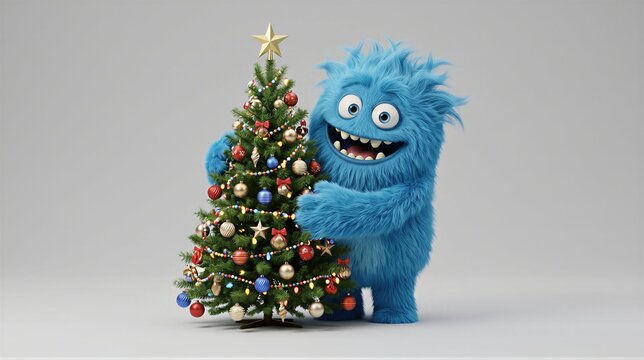 Cute blue fluffy monster hugging decorated christmas tree with toys and lights. Funny furry character celebrating new year holiday. Cheerful winter greeting card design for kids party