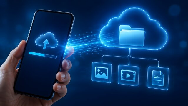 Hand holding smartphone uploading media files to cloud storage network, representing wireless data synchronization and mobile computing