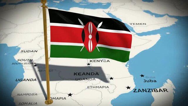 Waving kenya national flag on map background, east africa geopolitical concept, 3D animation of kenyan flag for news and documentary
