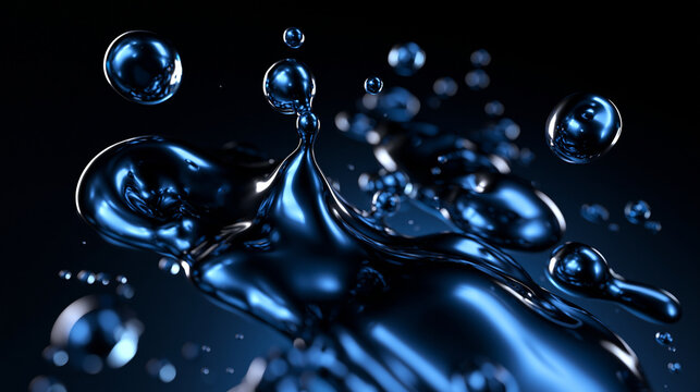 Glossy Blue Liquid Droplets Splashing on Dark Background