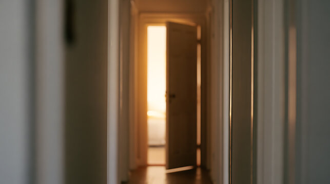 Bright light shine through an open door at the end of a dark hallway in a residential home interior, hope concept and new beginning symbol