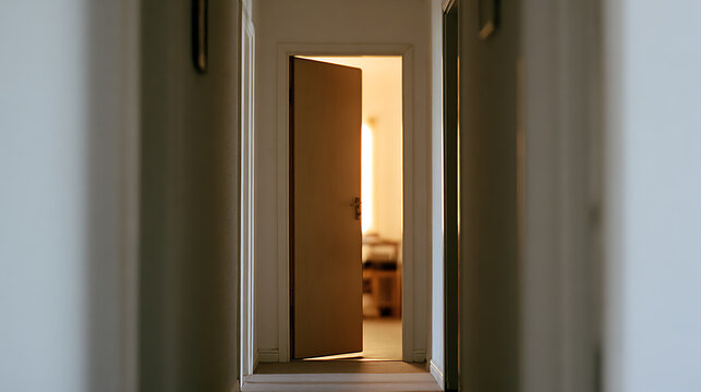 A view down a residential apartment hallway with a single wooden door open at the end, revealing a warm light shining from inside