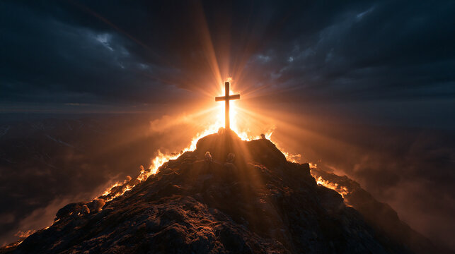 Christian Cross on Mountain Peak Glowing with Divine Light