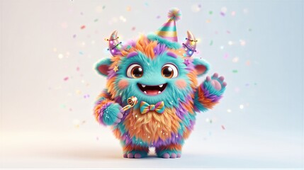 Naklejka premium Cute fluffy monster wearing party hat celebrating new year with confetti and party blower. Funny colorful christmas character waving greeting. Holiday celebration concept for card and banner design.