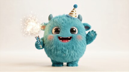 Obraz premium Cute fluffy blue monster in party hat holding burning sparkler. Funny furry character celebrating new year and birthday. Festive greeting card design with joyful smiling mascot on white background.