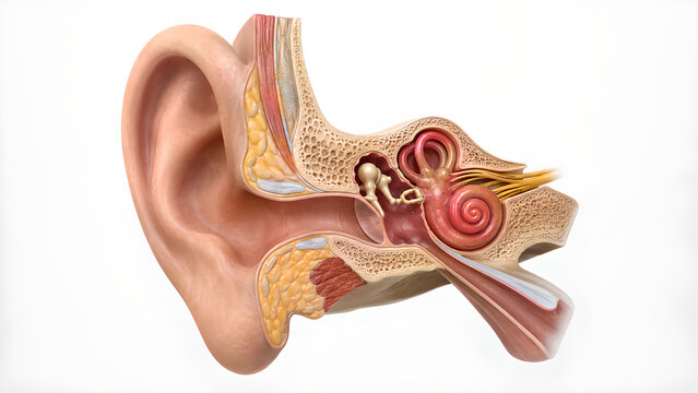 Human ear anatomy with focal lesion, photorealistic medical 3D cutaway render showing external, middle and inner ear structures for healthcare, medical education, radiology and patient education