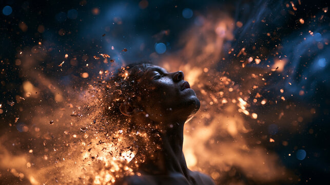 Woman Dissolving into Fiery Embers and Sparks