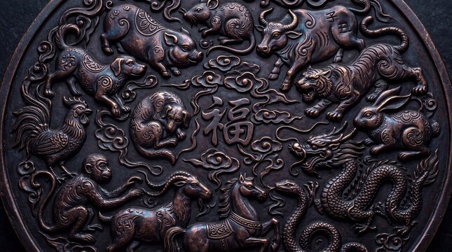 Chinese Zodiac Animals Bronze Medallion with Fu Symbol