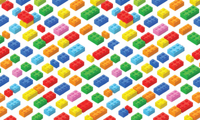Fototapeta premium Isometric colorful building block pattern with primary colors for toy store background and children play area design.