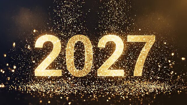 Golden 2027 numerals explode with sparkling particles during a dramatic dark cinematic reveal