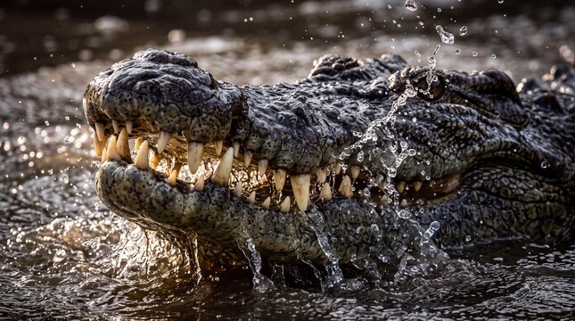 Crocodile Emerging from Water with Open Jaws and Sharp Teeth