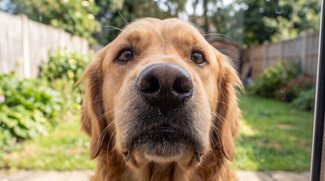 Curious Golden Retriever Looking Through Glass Window