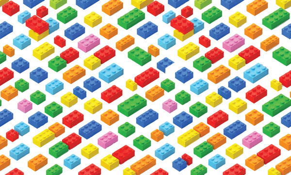 Isometric colorful building block pattern with primary colors for toy store background and children play area design.