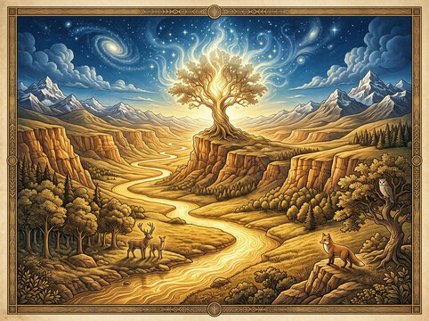 Glowing tree of life on a cliff in a fantasy landscape. Winding river and mountains under a starry night sky with a galaxy. Visionary art illustration of sacred nature with deer and fox