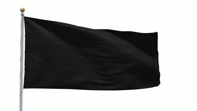 Black flag waving in wind isolated on white background, realistic 3D animation of blank dark banner for protest or mourning concept