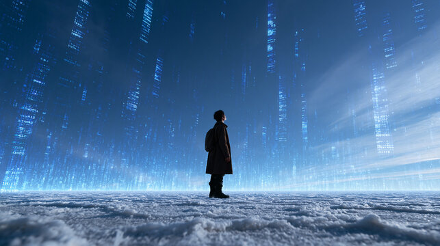 Person Standing in Futuristic Digital Cyberspace Environment