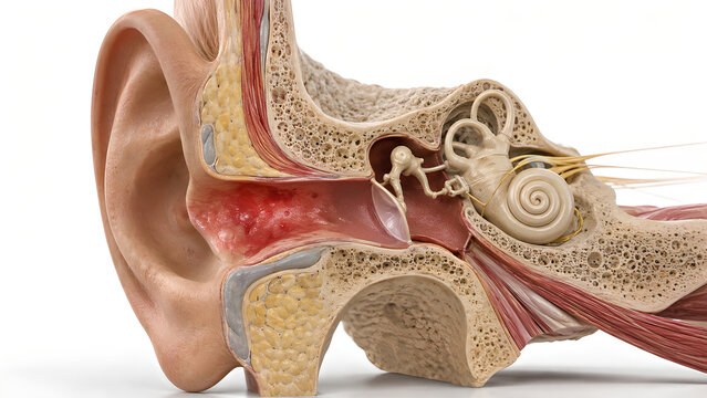Human ear anatomy with focal lesion, photorealistic medical 3D cutaway render showing external, middle and inner ear structures for healthcare, medical education, radiology and patient education