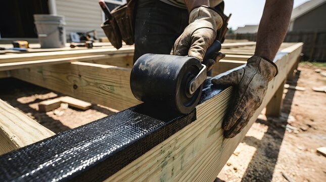 Worker using a black hand roller to apply joist flashing tape on a wooden deck frame during construction phase
