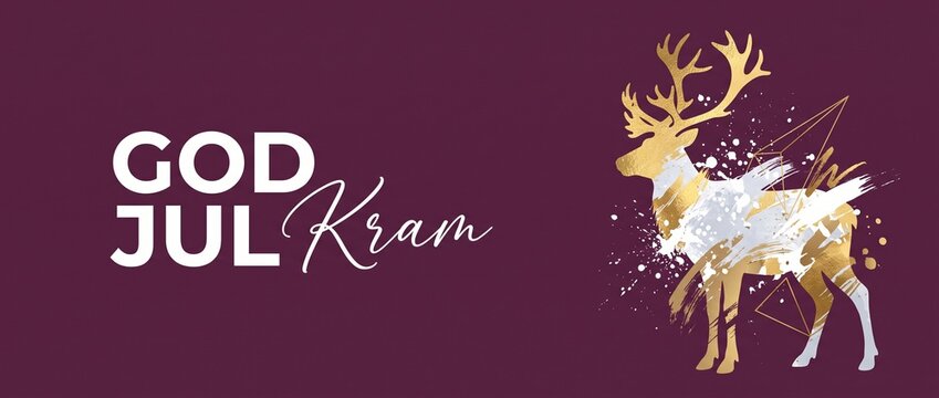 Swedish Christmas Reindeer Banner Greeting with Gold Reindeer Silhouette and God Jul Kram Text for Festive Scandinavian Holiday Card Banner and Winter Season Background Header Template Design