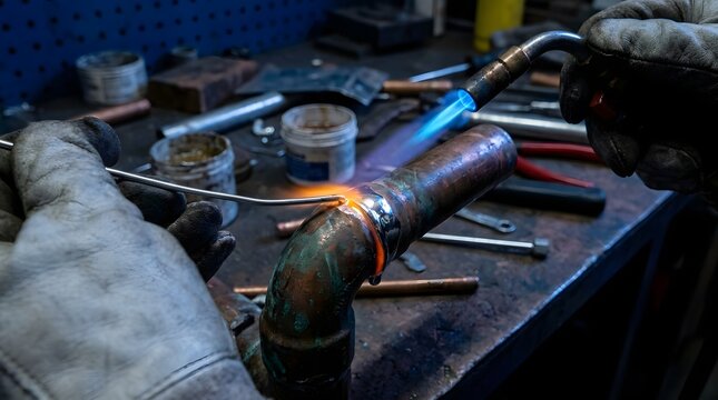 Professional plumber soldering copper pipe joint with gas torch on a messy workbench in a dark workshop detail