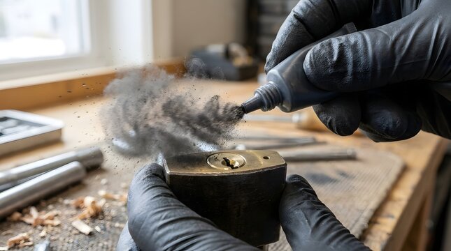 Locksmith in black gloves applying graphite powder to a metal padlock on a cluttered wood workbench at a store