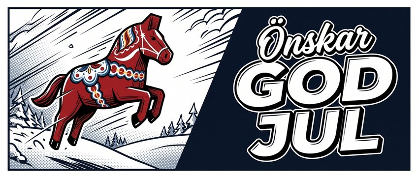 Swedish Dala Horse Christmas Banner galloping in winter landscape with &Ouml;nskar God Jul text for Scandinavian holiday greetings banner card poster concept graphic illustration vintage retro style design