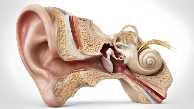 Human ear anatomy with focal lesion, photorealistic medical 3D cutaway render showing external, middle and inner ear structures for healthcare, medical education, radiology and patient education