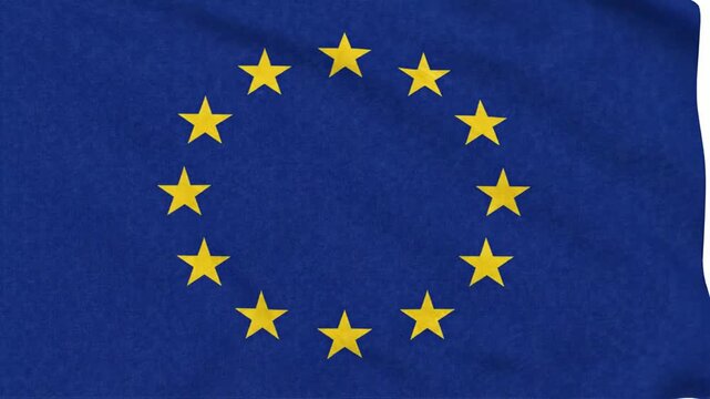 European union flag waving in the wind, official eu symbol with gold stars on blue background, realistic fabric texture