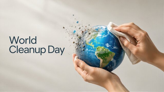 Hands holding planet earth and cleaning it with cloth removing dirt and debris. World Cleanup Day concept. Environmental protection, ecology care and planet pollution awareness.