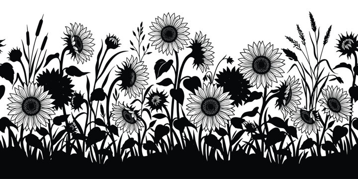 Sunflowers and wild grasses border silhouette seamless pattern isolated on transparent background.