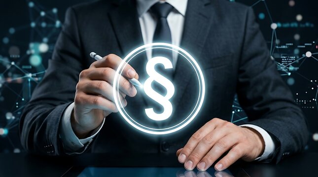 Lawyer or legal professional using stylus to interact with glowing paragraph symbol on digital interface