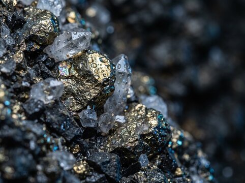 Macro Shot of Pyrite and Quartz Crystals with Water Droplets