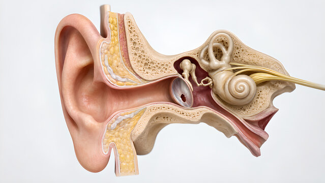 Human ear anatomy with focal lesion, photorealistic medical 3D cutaway render showing external, middle and inner ear structures for healthcare, medical education, radiology and patient education