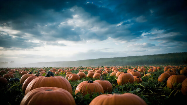 Many ripe orange pumpkins resting on the ground in a large field under cloudy skies with vast agricultural field dramatic cloudy sky