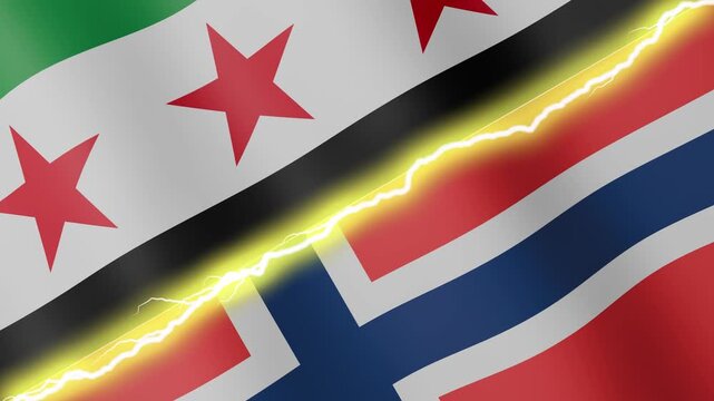 Two waving flags Syria and Norway with diagonal lightning seamless, 4k loop