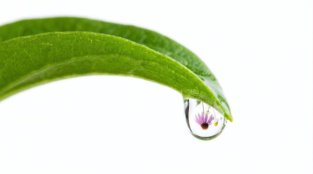 Echinacea flower reflected in dew drop on the tip of green leaf on white background. Medicinal plants, naturopathy, organic cosmetics concept. Macro shot for banner, design with copy space