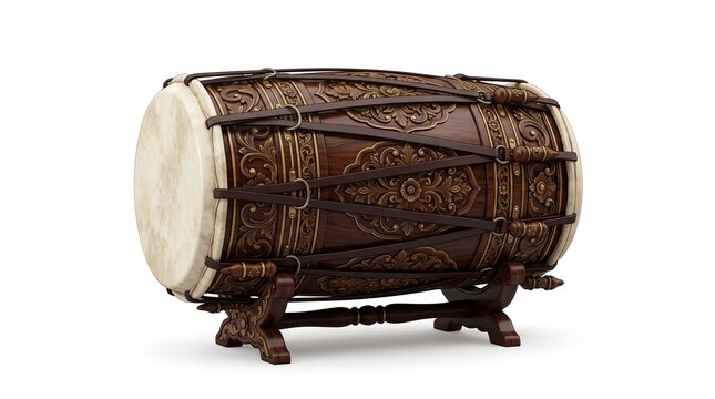 Ornate Traditional Indonesian Kendhang Percussion Drum with Intricate Wood Carving Details on a Decorative Wooden Stand Isolated on White Background