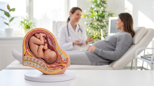 Pregnant patient consults OB-GYN doctor near a uterus anatomical model showing fetal position