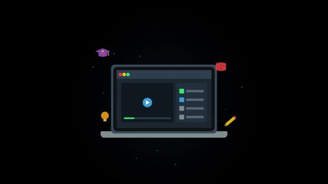 Online education concept with laptop, video player and learning icons motion video