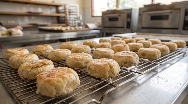 Freshly baked bakpia cooling on a wire rack, documenting the post-baking stage for food safety education, bakery training, culinary articles, and production content.