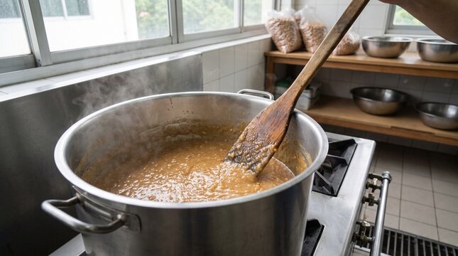 Sweet peanut filling being cooked for bakpia production, showing an authentic pastry preparation process for culinary education, food manufacturing content, and traditional food advertising.