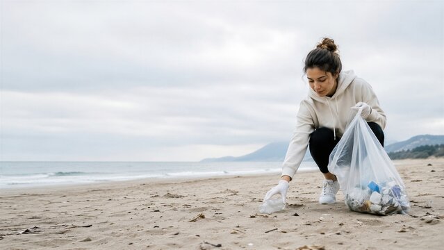 Woman volunteer picking up plastic trash on beach and collecting garbage in bag. Young girl cleaning sandy seashore with gloves. Environmental protection and World Cleanup Day concept.