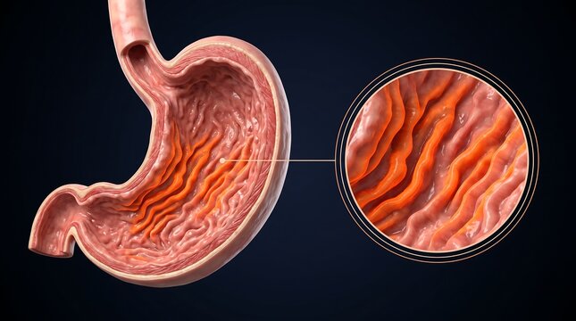 Anatomical illustration of the human stomach showing internal rugae and gastric lining in a detailed cross-section with magnified view.