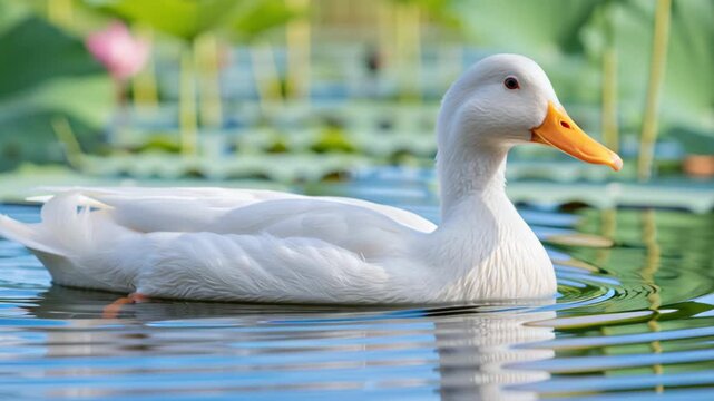 White duck swimming peacefully in a lotus pond, surrounded by lush green leaves and calm water, creating a serene natural scene representing wetland wildlife and peaceful countryside.