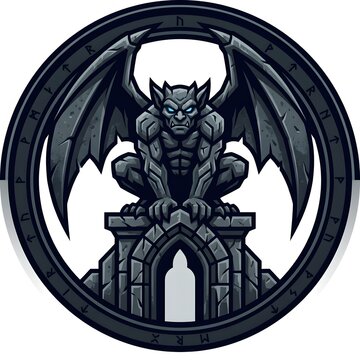 Gargoyle stone statue in circular frame with gothic architectural details.