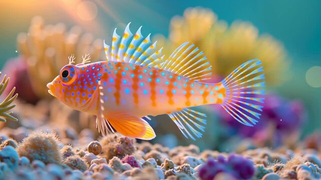 Colorful tropical fish swimming above a vibrant coral reef, featuring vivid orange and blue patterns, flowing fins and a beautiful underwater environment full of marine life.